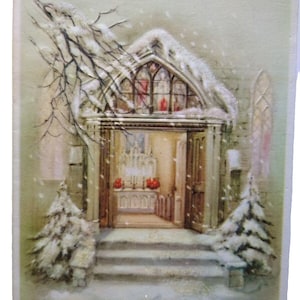 Carte de voeux de Noël vintage Mid Century scintillante couverte de neige maison 1945