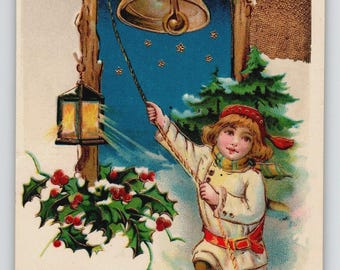 Carte postale Noël Nouvel An 1914 enfant sonnant la cloche fabriquée en Saxe Gel