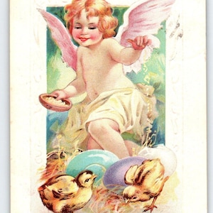 Carte postale de Pâques 1910 chérubin ange bébé chics oeufs en relief voeux 1913