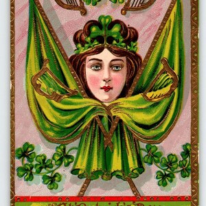 Carte postale de la Saint-Patrick, 1912, jolies femmes irlandaises, drapeaux, trèfles, bordure dorée en gel
