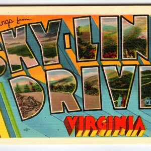 Salutations de Sky-Line Drive Virginia Grande carte postale en lin grosse lettre inutilisée VA