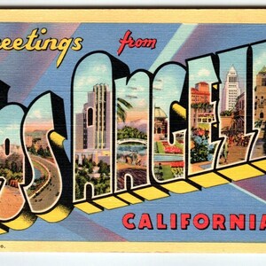 Salutations de Los Angeles California 1948 Grande lettre carte postale en lin Retro