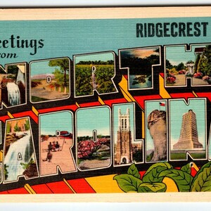 Carte postale vintage en lin Salutations de Caroline du Nord Ridgecrest grande lettre