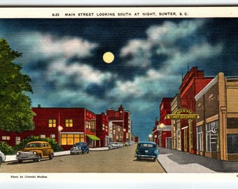 Main Street Looking South At Night, Sumter, S. C. Postcard S-23 Vintage Linen