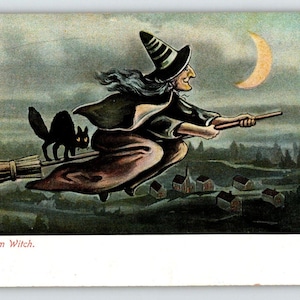 Carte postale Sorcière Salem Vol sur balai Chat noir Croissant de lune 6649 La région métropolitaine de Cadeau unique