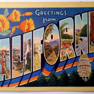 Salutations de Californie grande lettre carte postale en lin Curt Teich des années 1940 jaune cadeau unique