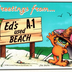 Carte postale de plage utilisée A-1 de Garfield Ed, voeux de Jim Davis Orange Tabby 1978