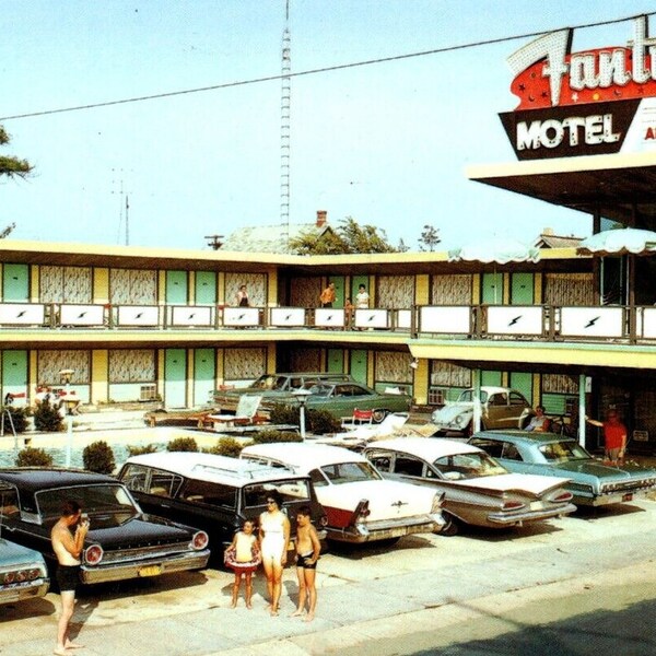 Fantasy Motel NJ Postcard Wildwood New Jersey Old Retro Sign Cars Swimming Pool Unique Gift