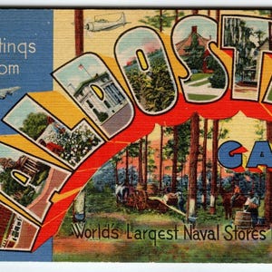 Salutations de Valdosta Géorgie Grande lettre Linen City Carte postale Curt Teich 1948