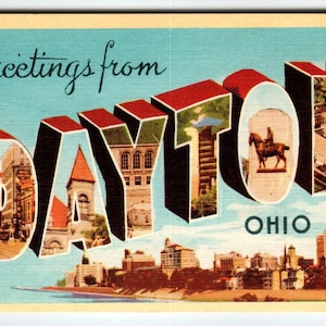 Carte postale vintage grande lettre en lin de Dayton, Ohio, Dexter City State