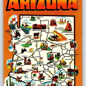 Postkarte Greetings from Arizona Map Chrom Saguaro Kaktus Blume