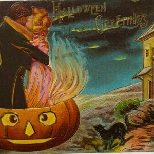 Gothic Halloween Postkarte Spukschloss Fantasy Küssende Paar Antique Sanders Einzigartiges Geschenk