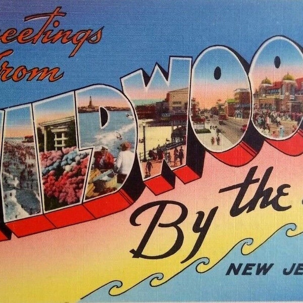 Greetings From Wildwood By The Sea NJ Large Big Letter Postcard Linen New Jersey Unique Gift