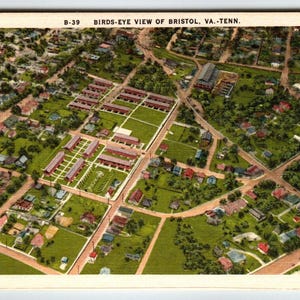 Carte postale à vol d'oiseau de Bristol en Virginie, Tennessee, cadeau unique en lin