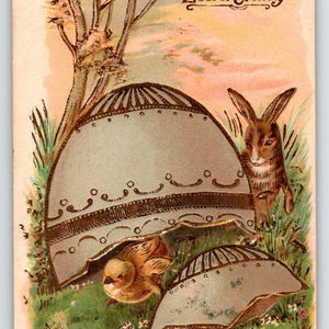 Ostern Postkarte Hase Kaninchen Baby Küken Gold Zierleiste Deutschland Geprägt Vintage 1908 Einzigartiges Geschenk