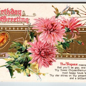Birthday Postcard Birthstone Topaz Chrysanthemum Flowers November Shining Star Unique Gift