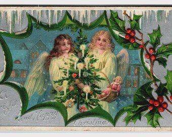 Vintage 1908 Embossed Christmas Postcard with Angels & Holly