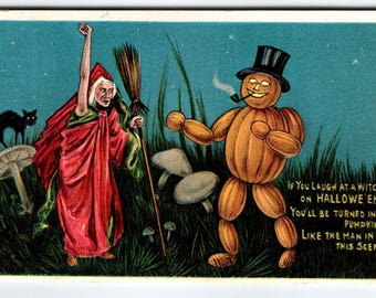 Halloween Postcard Humanized Goblin Man Witch Cat Anglo-American Original 876