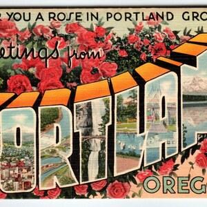 Salutations de Portland, Oregon, grande lettre, années 40, carte postale en lin Tichnor