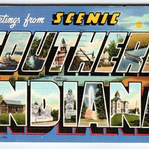 Carte postale de salutations du sud de l'Indiana pittoresque, grande lettre, lin, 1942, cadeau unique