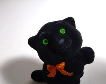 Halloween Black Cat Vintage Toy Green Eyes Fuzzy Flocked Orange Bow Hong Kong 1960's UNUSED