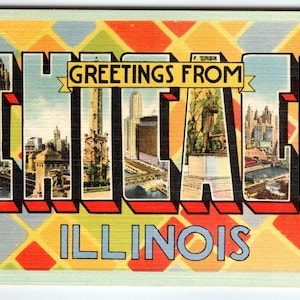 Grüße aus Chicago Chicago 1930 Art Deco Postkarte Großbrief-Leinen