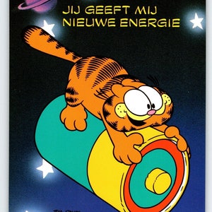 Holländische Garfield-Postkarte Die getigerte Katze, die Batterie durch das Weltall fliegt Jim Denimn 1978