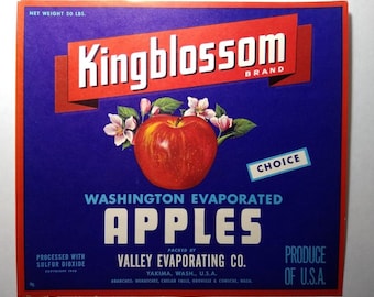 König Blüte Apfel Obst Kiste Aufkleber 1940er Jahre Vintage Original Yakima Washington
