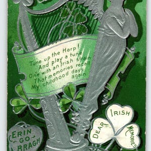Carte postale de la Saint-Patrick, 1909, Harpe irlandaise Erin Go Bragh en relief, Lady
