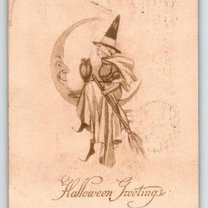 ハロウィーンのポストカード 魔女のフクロウが三日月の上に座っている男 セピア 1910 ギブソン ユニークなギフト