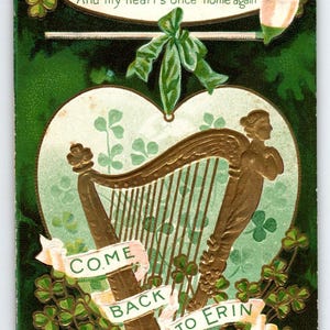 Carte postale de la Saint-Patrick 1908 Erin's Golden Harp Pipe Irish Greetings Irlande