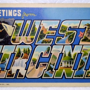 Carte postale de grande taille, grande lettre, Greetings From West Virginia, Linen Curt Teich, cadeau unique vintage