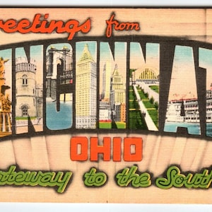 Salutations de Cincinnati, Ohio, grande lettre, ville des années 40, lin V1949