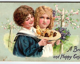 Easter Postcard Tuck 1910's Boy Girl Baby Chicks In Hat Flowers Embossed Ser 112
