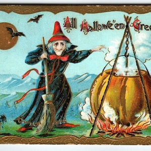 Halloween Postkarte Hexenkessel Fledermäuse schwarze Katze Fantasy 1911 Gottschalk 2240