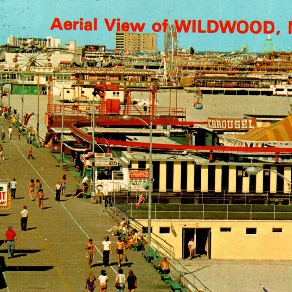 Wildwood New Jersey Postcard Boardwalk Rides Carousel Sign Beach Skyride Piers Unique Gift