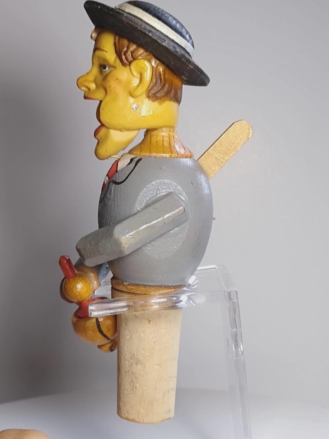 Vintage ANRI Wood Bottle Stopper Figurine Man Folk Art Wine