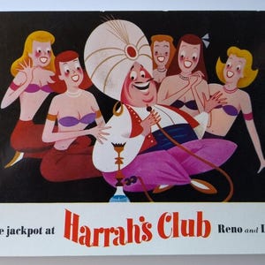 Harrahs Club Casino Postcard Aladdin Genie & Harem Ladies Reno Lake Tahoe Nevada Unique Gift