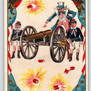 4th Of Jul Uncle Sam Cannon Feuerwerk Sterne Kinder Postkarte 258 Unposted USA Einzigartiges Geschenk