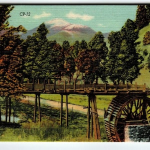 Roue de moulin à eau Old Grist Ruidoso Nouveau-Mexique Carte postale Linge de maison Vieilles montagnes Baldy
