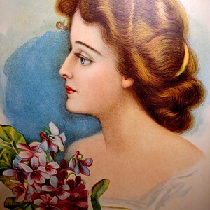 Victorian Art Print Lovely Women Close Up Flower Bouquet Gray Litho Co. NY 1906 Unique Gift