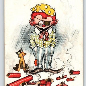 4th Of July Postcard Boy With Eye Patch Cat Fireworks Gene Carr 1907 Rotograph Unique Gift