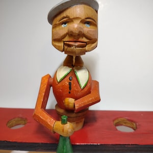 ANRI Bottle Stoppers Bread Wine Drinker Boy On Keg Drink Pourer Hand Carved Wood Italy Movable Vintage Barware Vintage