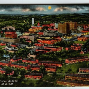 Carte postale d'Athènes, vue aérienne de nuit, Géorgie, lin non affiché, bâtiments lune, cadeau unique