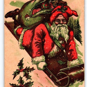 Santa Claus On Wooden Sled Downhill Toy Sack Christmas Postcard 1909 Series 4700 Unique Gift