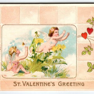 Carte postale Saint-Valentin angelots anges dans jardin bourdon antique vintage Ser 301 A