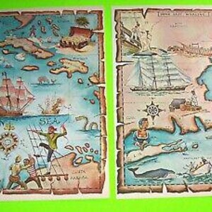 2 Kunstdrucke Schatzkarte Piratenschiffe Seemonster Ozean Wale Schatzkarte Dekor Geschenk für Sie oder Ihn Einzigartiges Geschenk