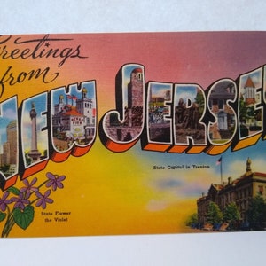 Salutations du New Jersey grande lettre carte postale lin violet état fleur inutilisé cadeau unique
