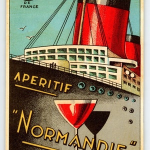 Aperitif Normandie Steamship Boat Liquor Paper Label 1930s French Boat Art Deco Unique Gift