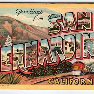 Carte postale en lin lettre grande lettre, Californie des années 1940, Greetings From San Bernardino, CT